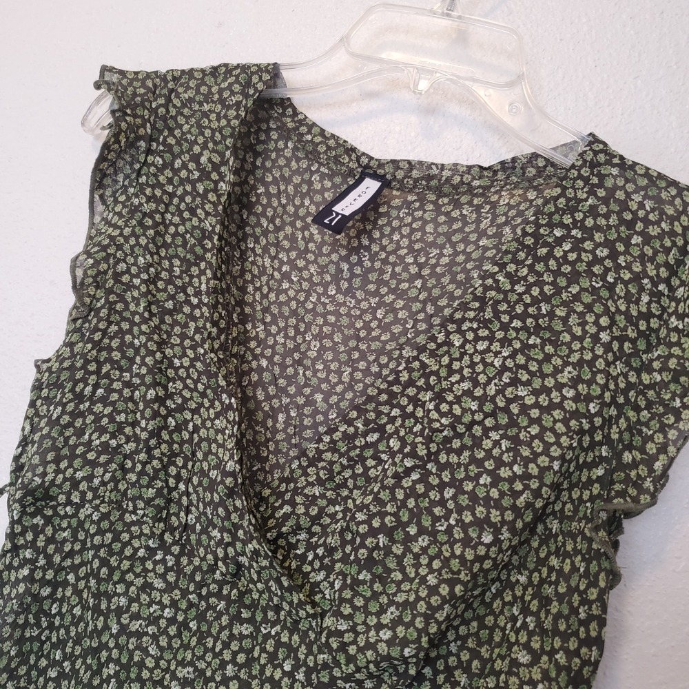 Forever 21 Sheer Floral V-Neck Blouse Green Ruffle Sleeve Side Tie Top F1187-P - Picture 2 of 12
